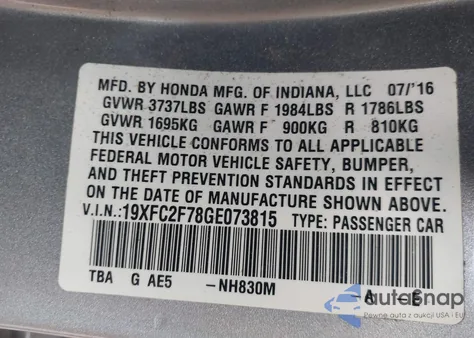 2016 Honda Civic Ex z USA, uszkodzony, nr VIN 19XFC2F78GE073815
